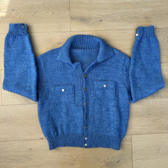 Vintage 80s Blue Knit Button Front Cardigan Sweater Size M Cottage Academia - Picture 2 of 10